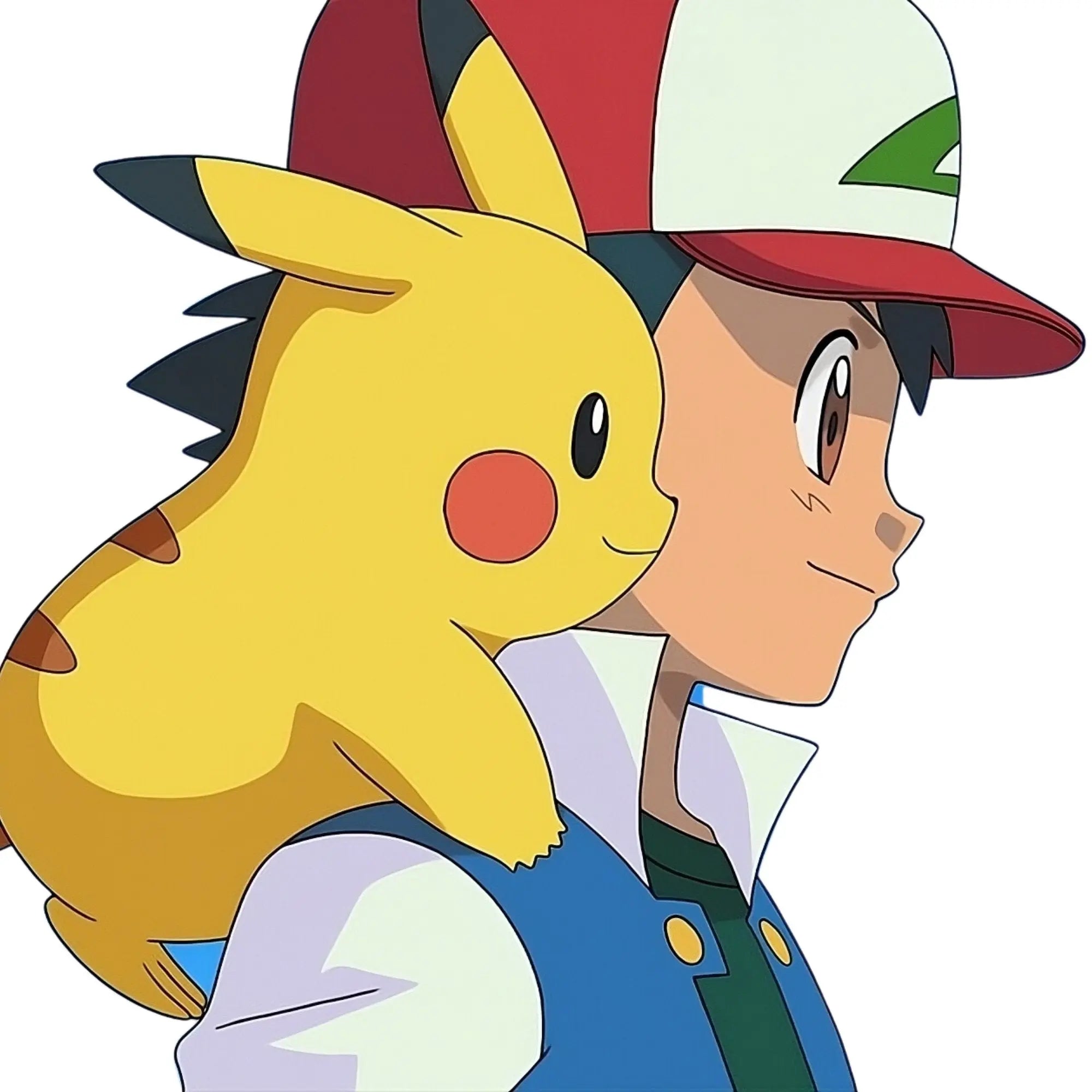 Image showing a vibrant yellow Pokémon, Pikachu, with its iconic lightning-shaped tail and expressive features on the shoulder of his friend